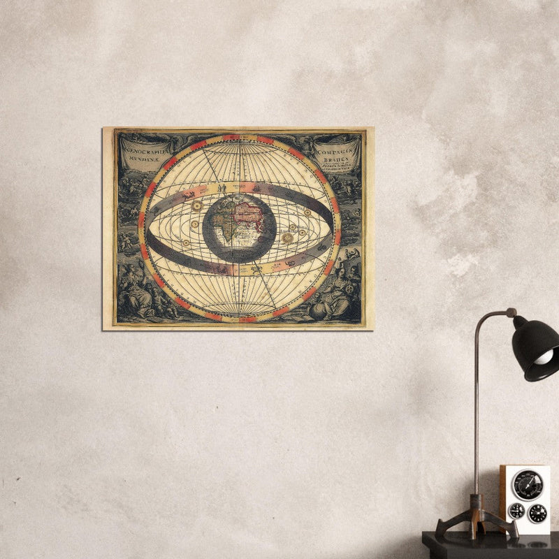 Vintage planet earth world map. Antique retro universe illustration. Zodiac astronomic chart.