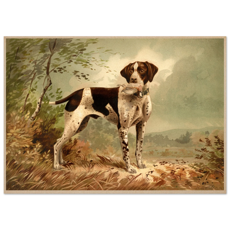 Hunting dog vintage painting poster with partridge in mouth