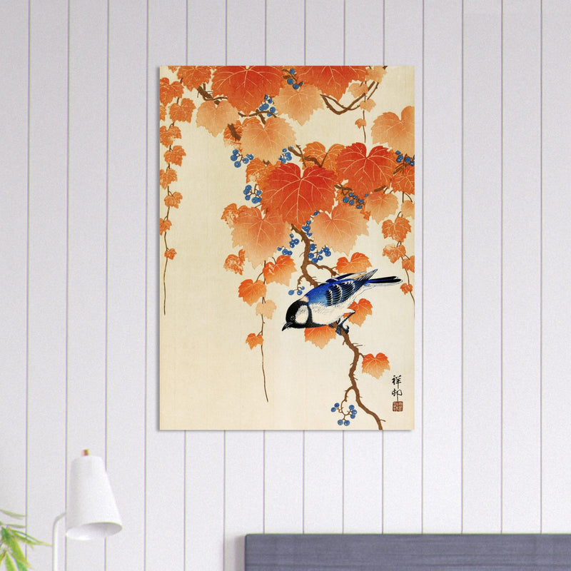 Great tit on paulownia branch by Ohara Koson woodblock print reproduction .