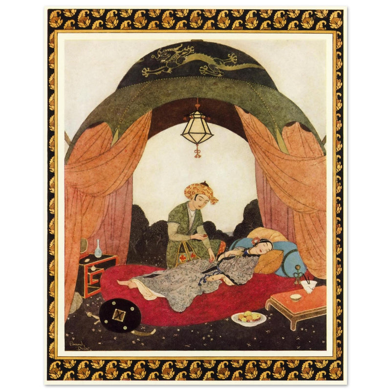 Edmund Dulac and one of his illustration for Princess Badoura fairy tale. Camaralzaman Finds the Talisman .