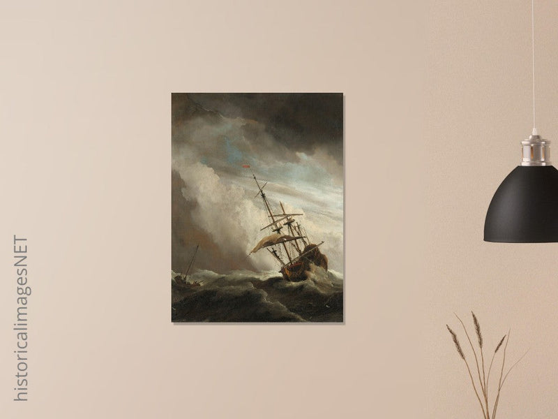 Willem van de Velde A Ship on the High Seas Caught by a Squall, Known as The Gust. Old marine painting. Stormy sea.