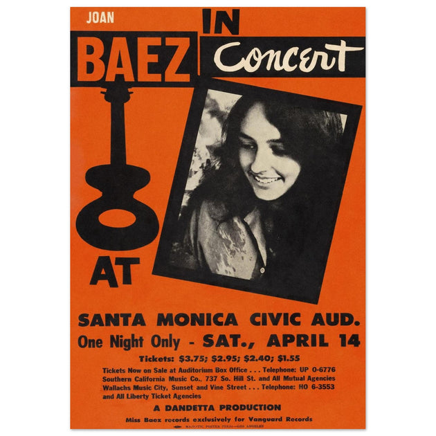 Joan Baez in concert vintage poster . Santa Monica Civic Auditorium in california 1962