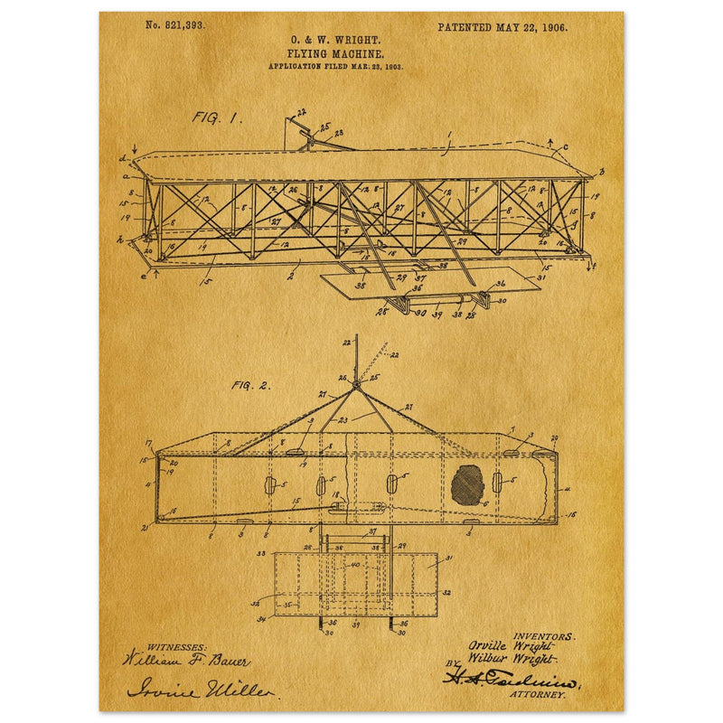 Flying machine patent 1906 by the Wright brothers. Vintage airplane.