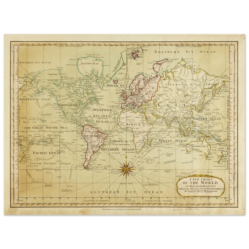 Ancient vintage world map Mercator's projection by Samuel Dumm 1794