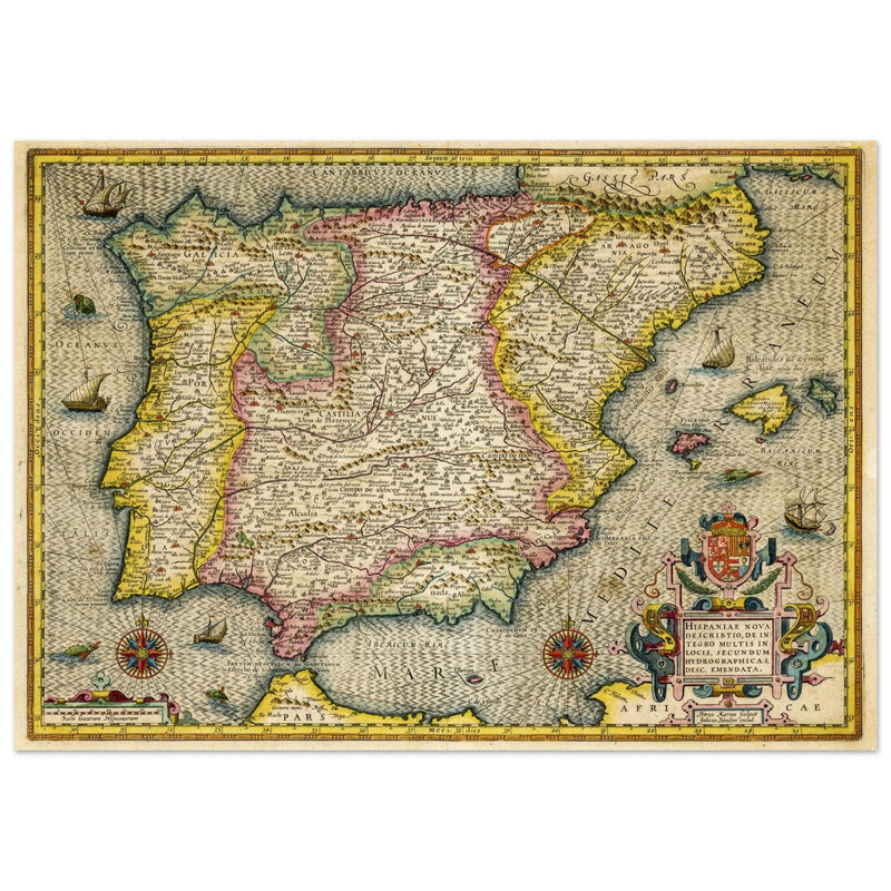 Ancient Spain and Portugal map. Iberian Peninsula cartography by Henricus Hondius.