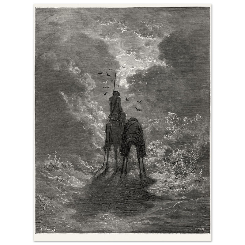 Don Quixote riding with Sancho Panza illustration by Gustave Dore.