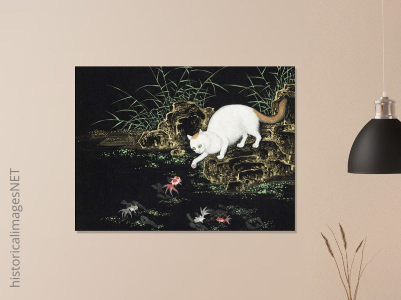 Cats amd fishes in pond. Oriental old painting by Shen Zhenlin.