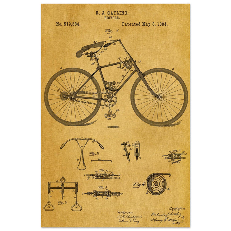 Vintage bicycle patent by Richard J Gatling 1894