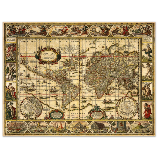 Ancient world map print by Willem Janszoon. Poster of antique vintage old map of 1647.