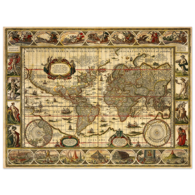 Ancient world map print by Willem Janszoon. Poster of antique vintage old map of 1647.
