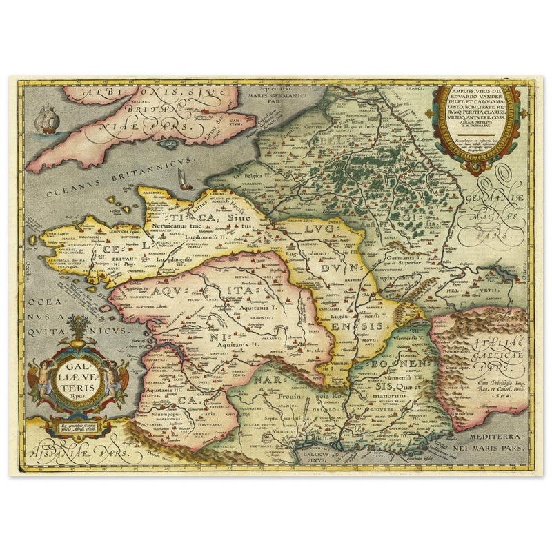 Galliae Veteris Typus by Abraham Ortelius. Ancient map of  Gaul ( now France ) .