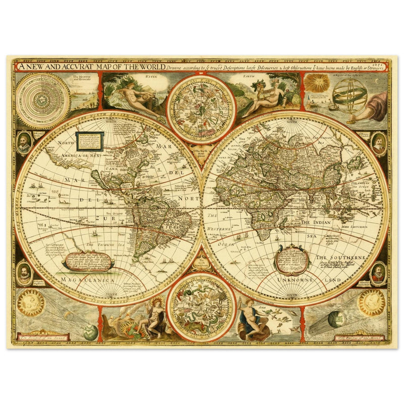 Old World Map of 1651 by John Speed. Vintage Double Hemisphere cartography of the XVII century .