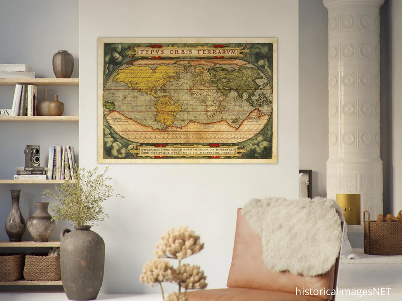 Ancient map reproduction print of a world map of 1579 Typus Orbis Terrarum by Abraham Ortelius.