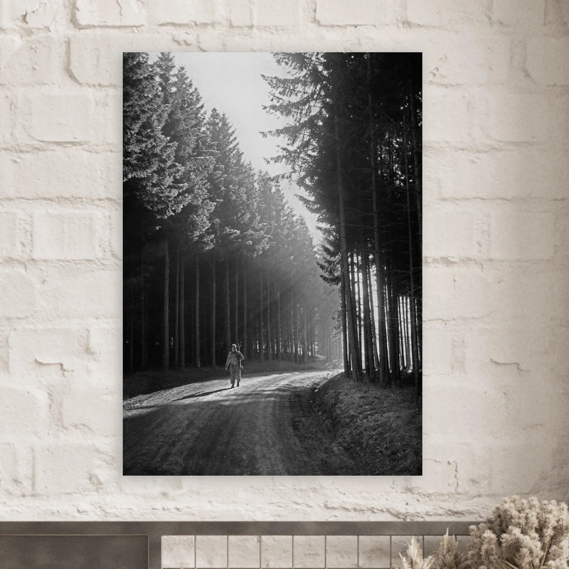 World War 2 poster. American soldier walking along forest near Bastogne .