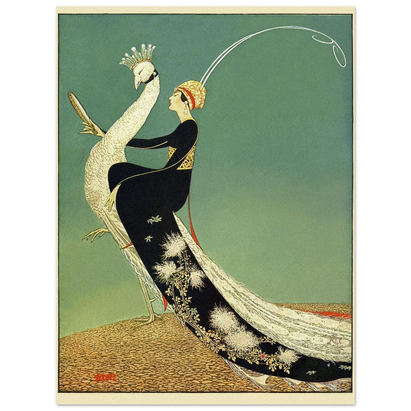 George Wolfe Plank fashion magazine cover of 1918. Woman riding peacock.