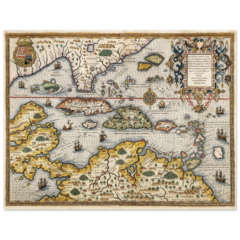 Ancient map of Florida, West Indies and the Caribbean sea by Theodor de Bry