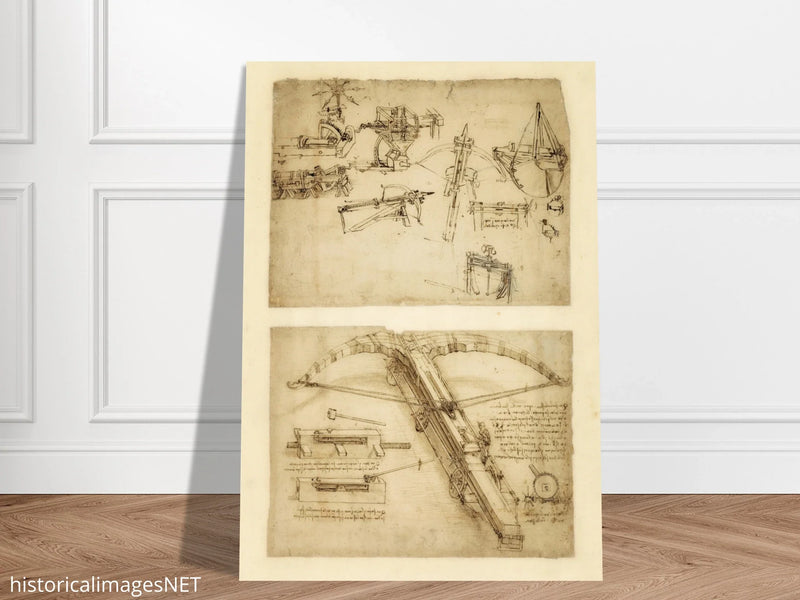 Leonardo da Vinci Atlantic Codex (Codex Atlanticus) Giant crossbow drawing reproduction.