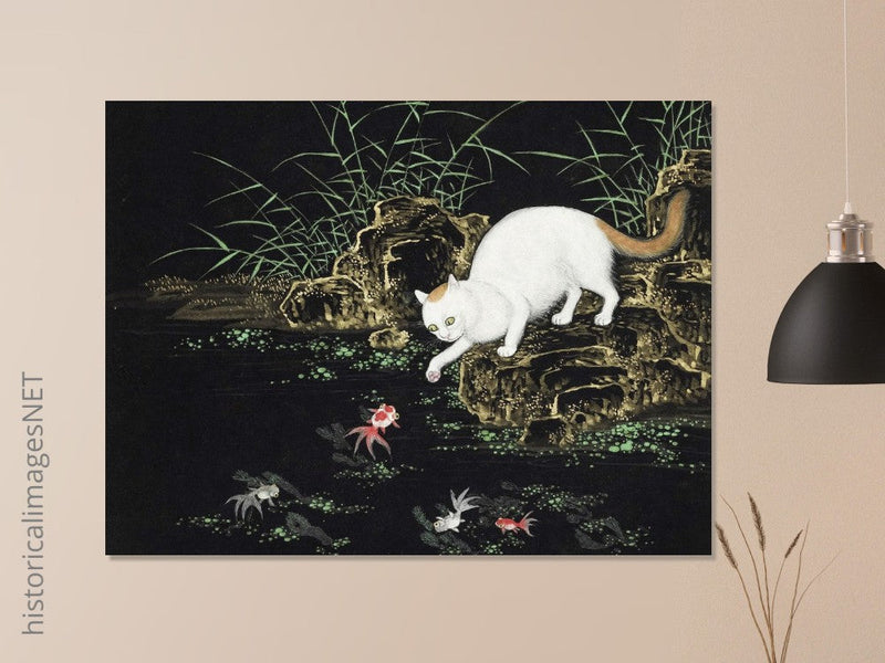 Cats amd fishes in pond. Oriental old painting by Shen Zhenlin.