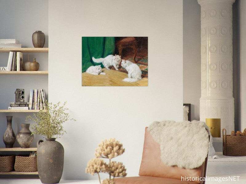 Three white cats playing old painting by Arthur Heyer.