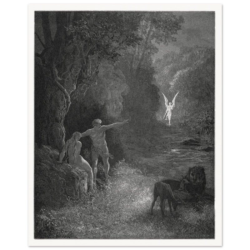 Gustave Dore Paradise Lost engraving . Adam and Eve and Archangel Raphael in eden.