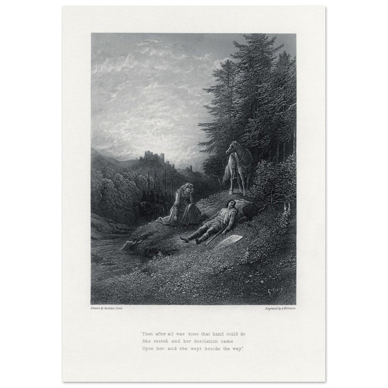 Gustave Dore illustration of King Arthur legend . Enid tends Geraint. From the book Idylls of the King by Alfred Tennyson.