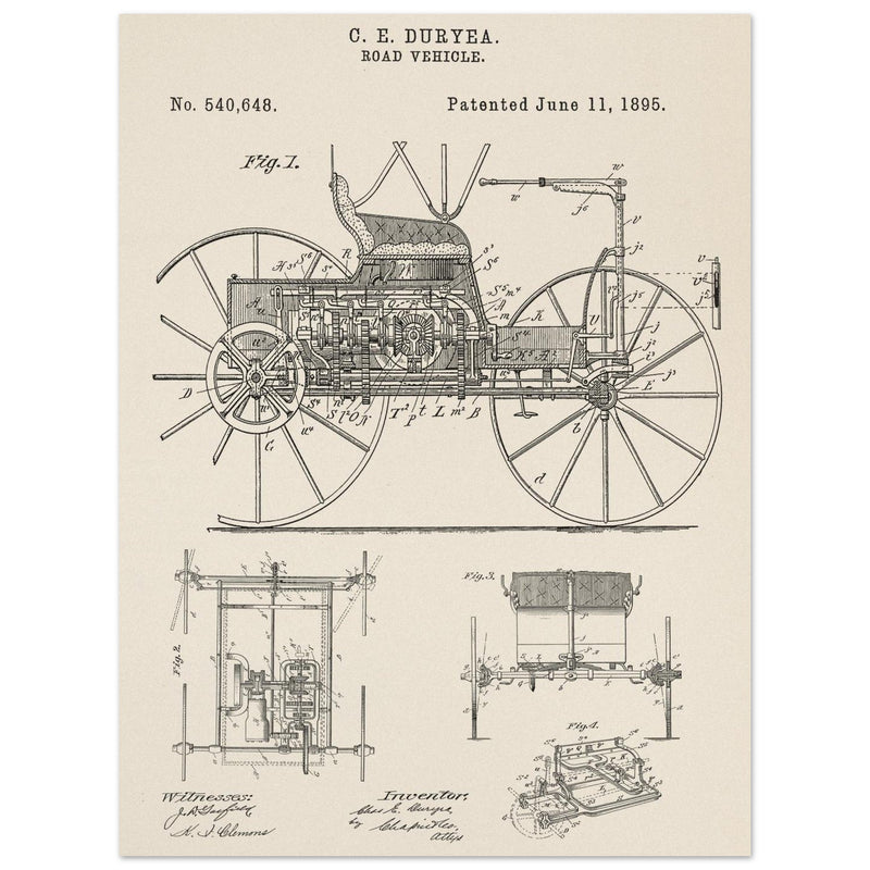 Road vehicle patent 540648 1895 by Charles Edgar Duryea. Automobile car history