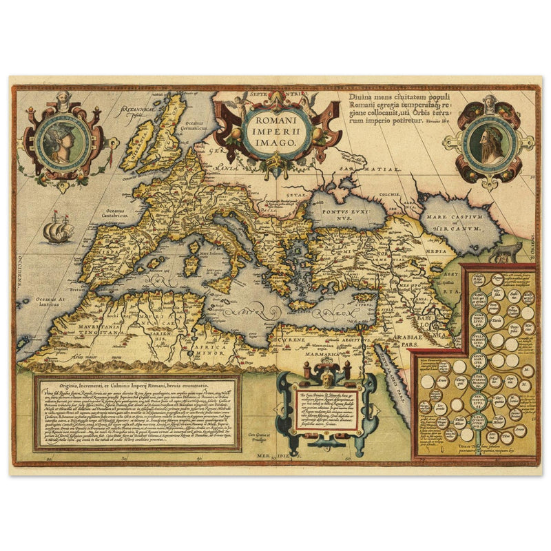 Old map of the Roman Empire by Abraham Ortelius . Poster vintage reproduction of 1579 cartography