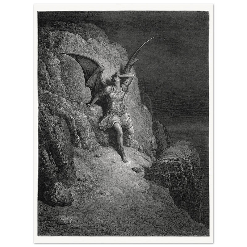 Gustave Dore Paradise Lost engraving . Torment of Satan despair as he realizes his fall.