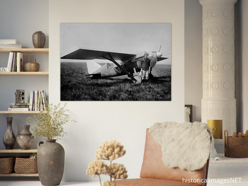 American aviator Roland Rohlfs stands in front of vintage airplane 1920 Fine art