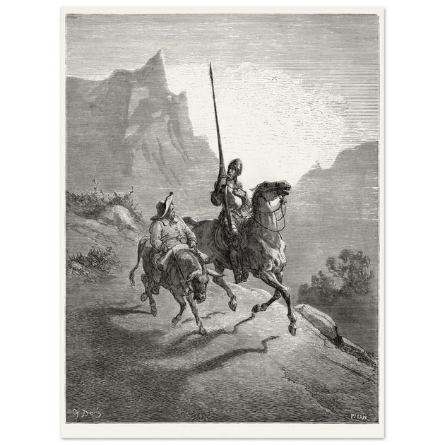 Don Quixote riding with Sancho Panza illustration by Gustave Dore.