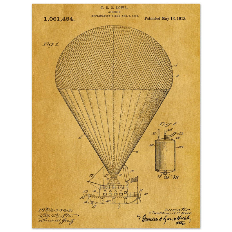 Airship patent drawing by T S C lowe Air balloon illustration