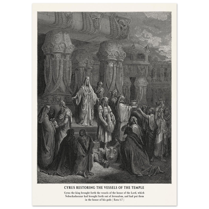 Gustave Dore The Bible engraving print . Cyrus restoring the vessesls of the temple .