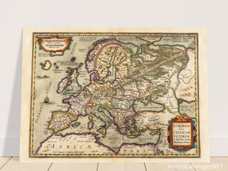 Ancient map of Europe and the Celts. Europam sive Celticam veterem by Abraham Ortelius.