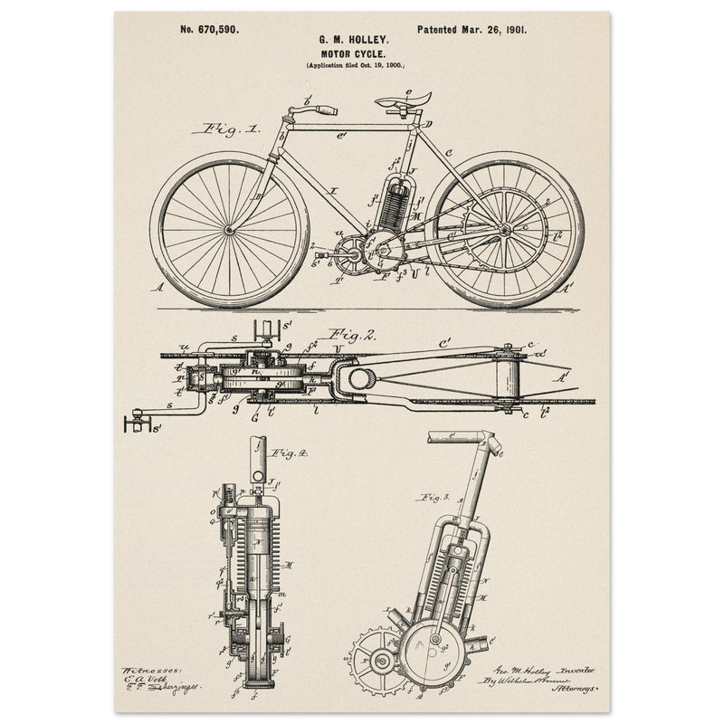 vintage motorcycle patent by G. M Holley.