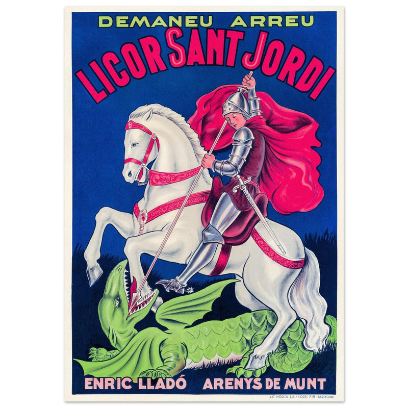 Saint George killing the dragon vintage liquor poster Enric Llado .