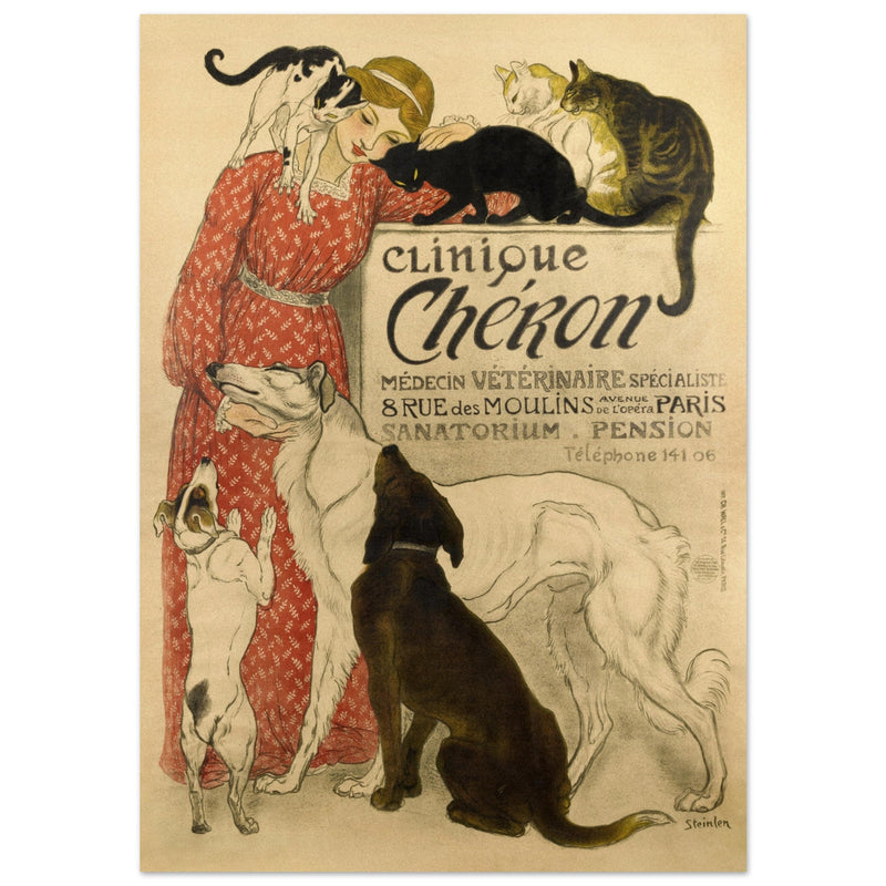 Theophile Steinlen Clinique Cheron. Beautiful vintage poster depicting a woman surrounded by cats and dogs in a veterinarian clinic.