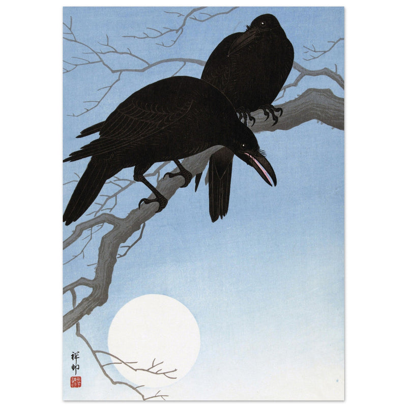 Two crows on a branch by Ohara Koson 1927 Woodblock print.