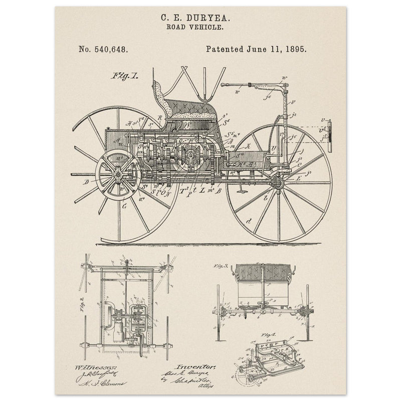 Road vehicle patent 540648 1895 by Charles Edgar Duryea. Automobile car history