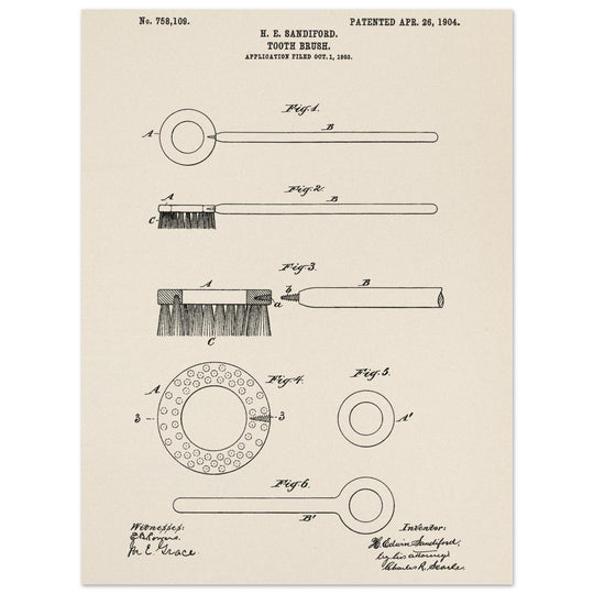 Toothbrush patent illustration by H E Sandiford.