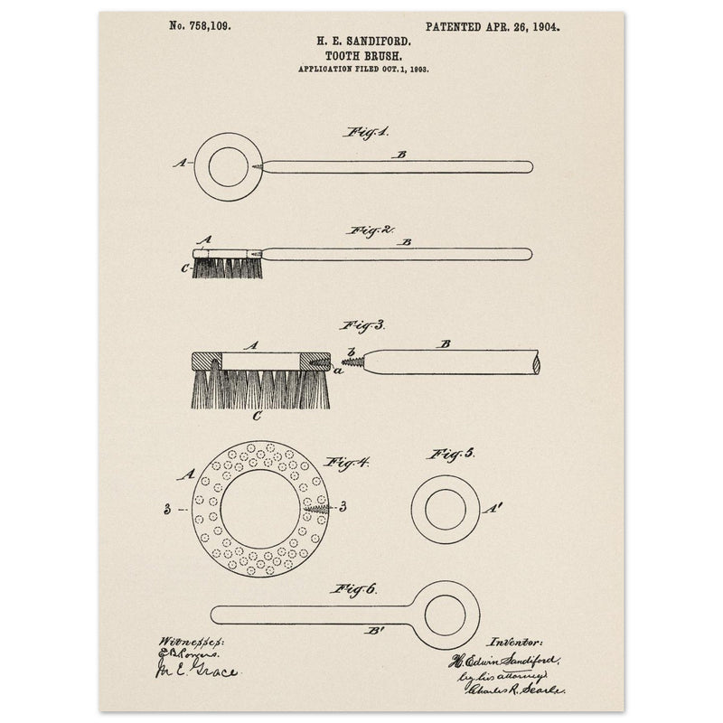 Toothbrush patent illustration by H E Sandiford.