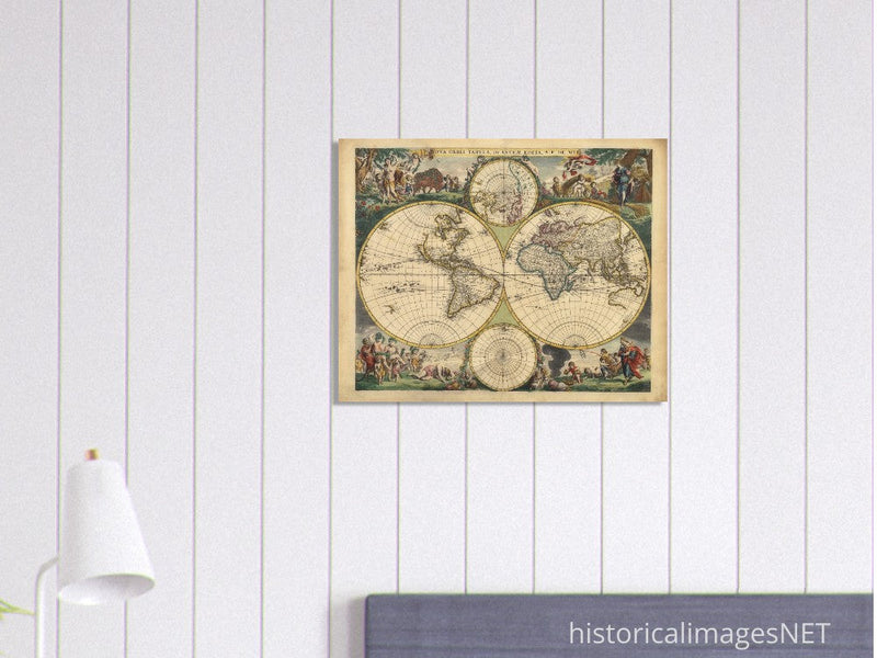 Frederik de Wit 1688 Ancient wold map. Double hemisphere antique old map reproduction. Nova orbis Tabula