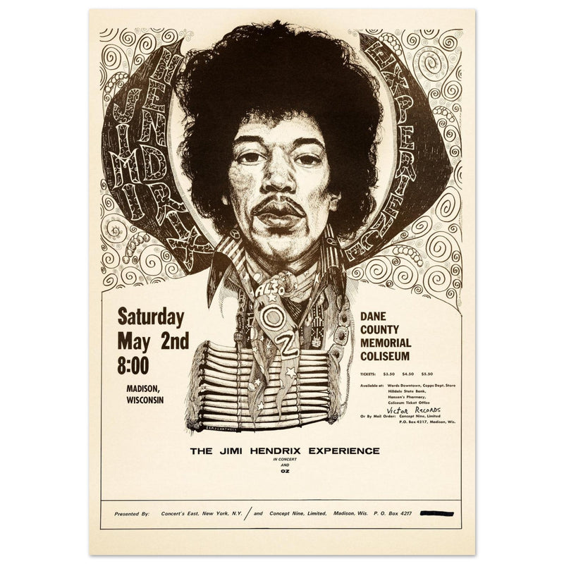 Jimy Hendrix vintage concert poster . Performance in Madison Wisconsin in 1970.