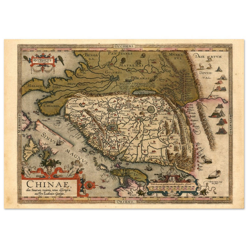 Ancient map of China by cartographer Abraham Ortelius 1584. Vintage historic map.