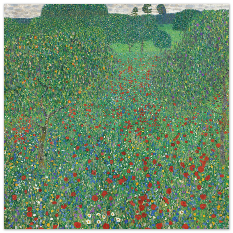 Gustav Klimt Flowering Poppies painting Green landscape .