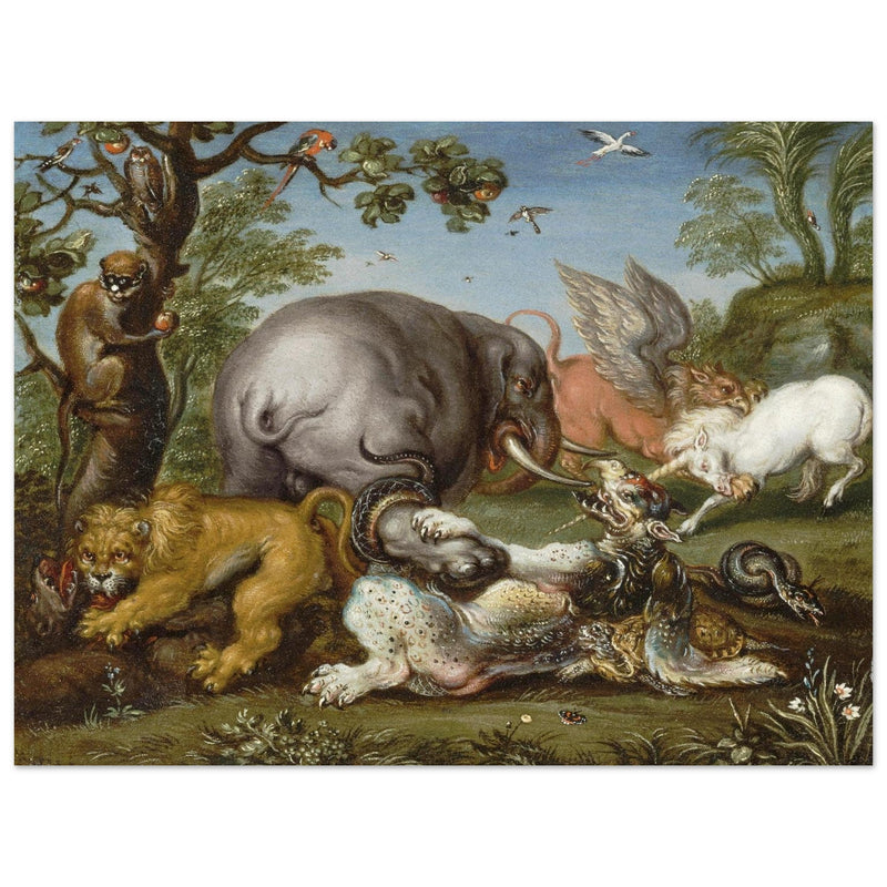 Battle of the beasts painting by Circle of Roelandt Savery  XVII Century.