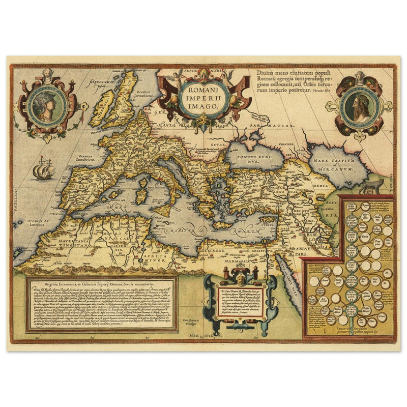 Old map of the Roman Empire by Abraham Ortelius . Poster vintage reproduction of 1579 cartography