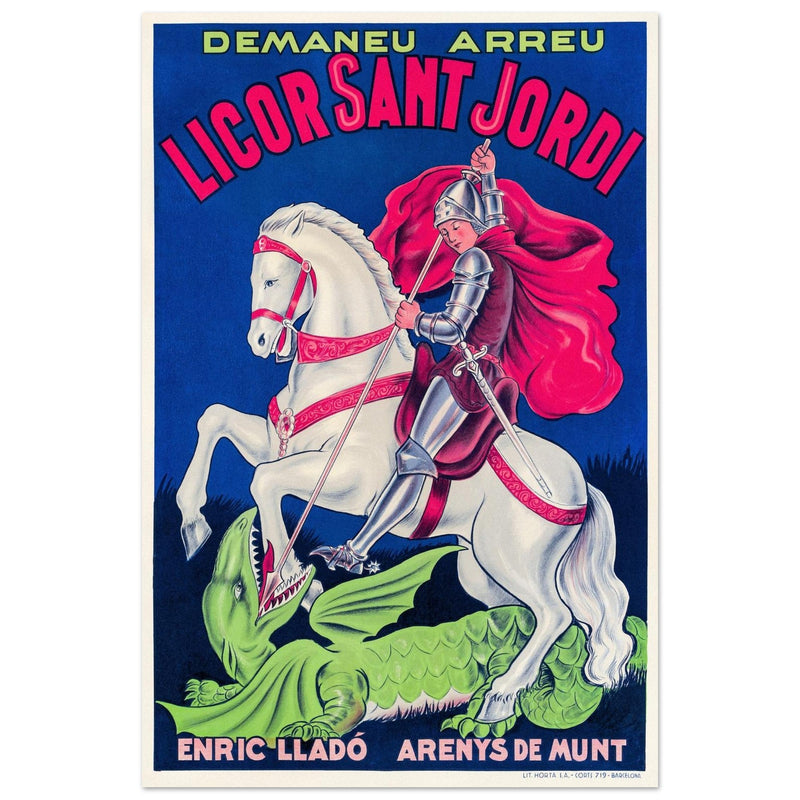 Saint George killing the dragon vintage liquor poster Enric Llado .