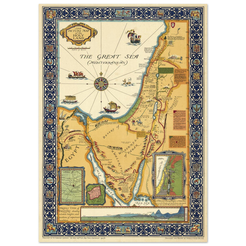 The Picture Map of the Holy Land by Harold Haven Brown . Biblical Palestine vintage map.