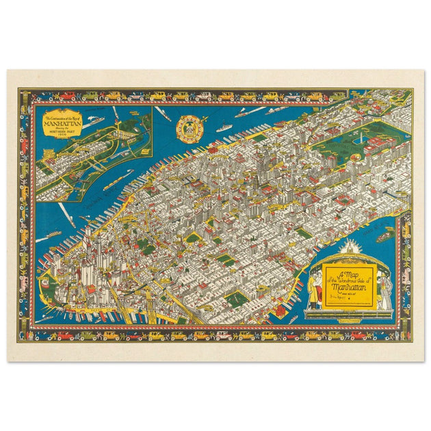 Old map of Manhattan New York City. Antique map reproduction of Manhattan of the 20's