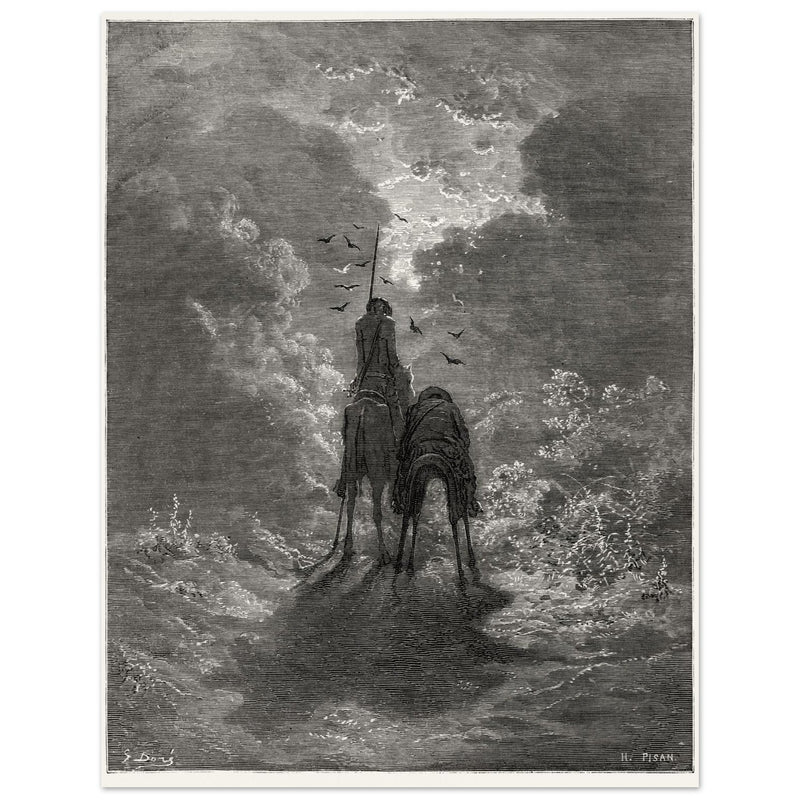 Don Quixote riding with Sancho Panza illustration by Gustave Dore.